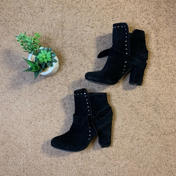 Black Studded Faux Suede Heeled Boots - Picture 1 of 10